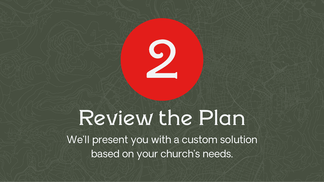 Red circle labeled "2" with text: "Review the Plan – We’ll present you with a custom solution based on your church’s needs."