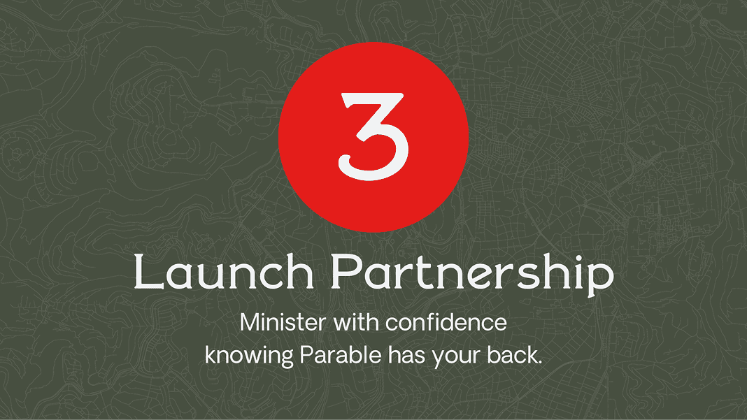 Red circle labeled "3" with text: "Launch Partnership – Minister with confidence knowing Parable has your back."