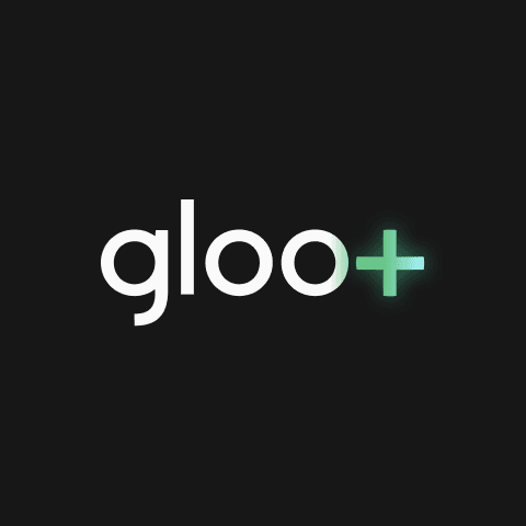 Circular Gloo+ logo with white “gloo” text and a green plus sign on a black background.