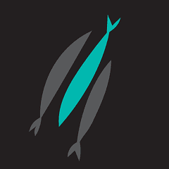 Logo with three fish, one teal and two gray, arranged vertically on a black background.