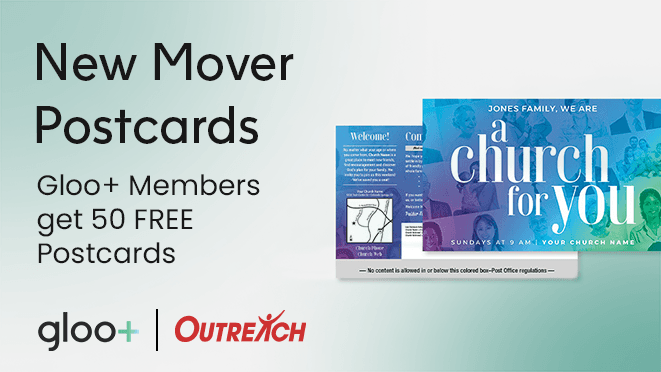 Colorful display of postcard samples with headline promoting 50 free postcards for Gloo+ members.