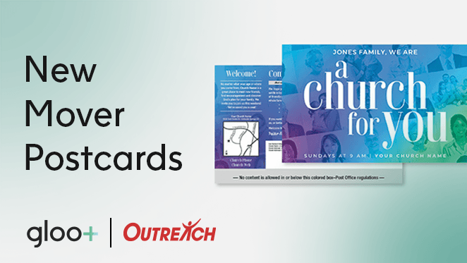 Colorful display of postcard samples with headline promoting 50 free postcards for Gloo+ members.