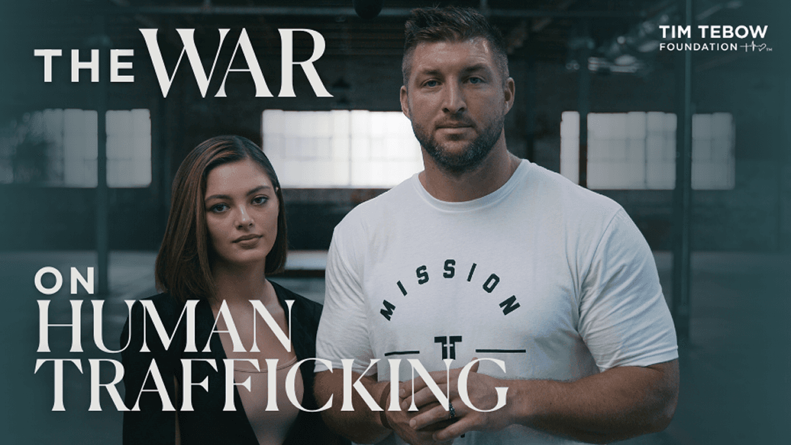 Tim and Demi Tebow stand side by side with the text "The War on Human Trafficking" and "Tim Tebow Foundation" logo.