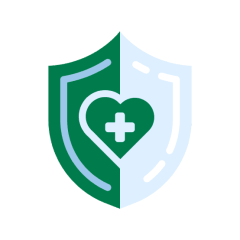 Shield icon with a heart and cross in the center.