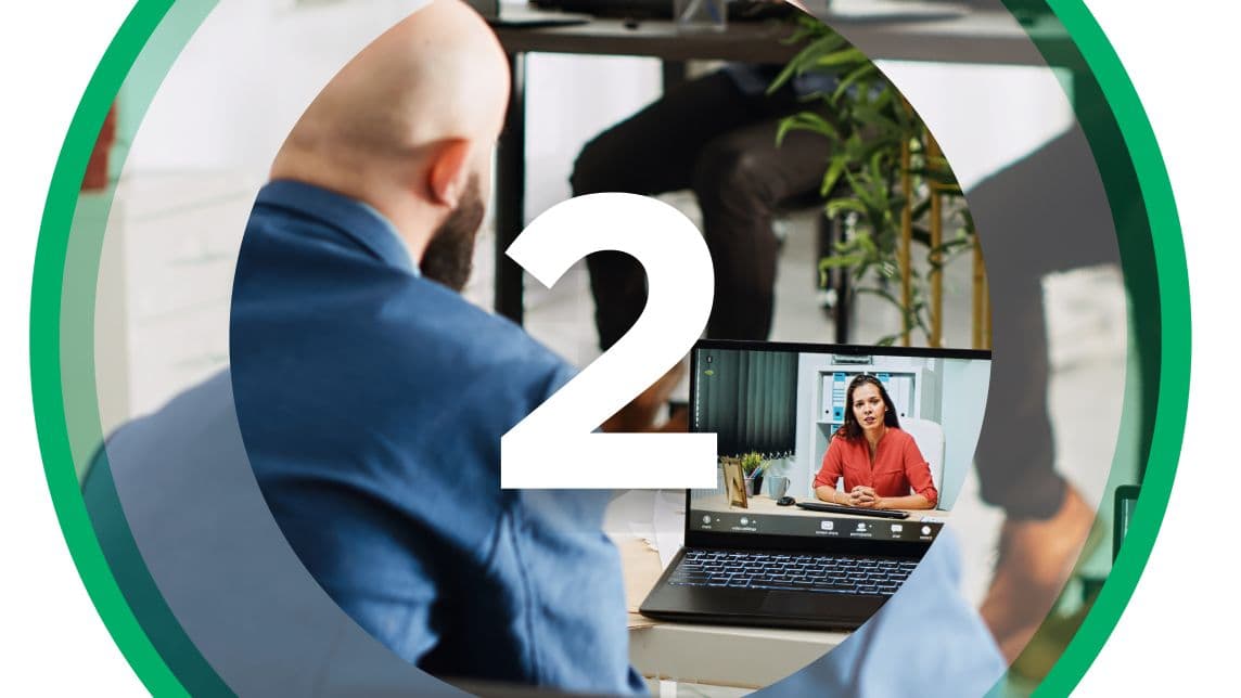 Man in video conference with a female consultant, representing a virtual professional debrief session.