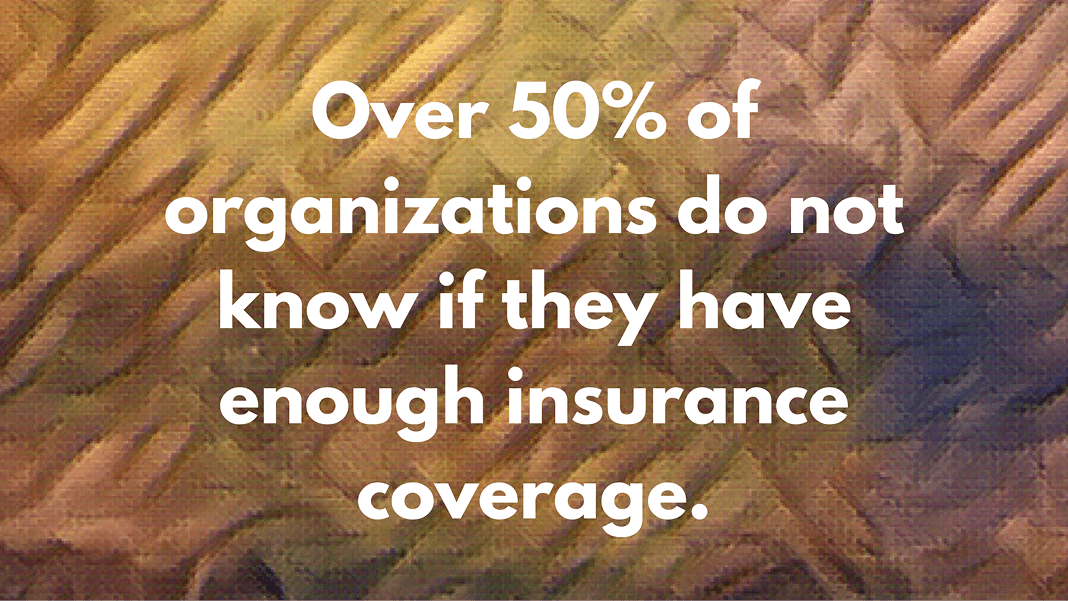 Statistic card reading: 'Over 50% of organizations do not know if they have enough insurance coverage,' on bronze pattern.