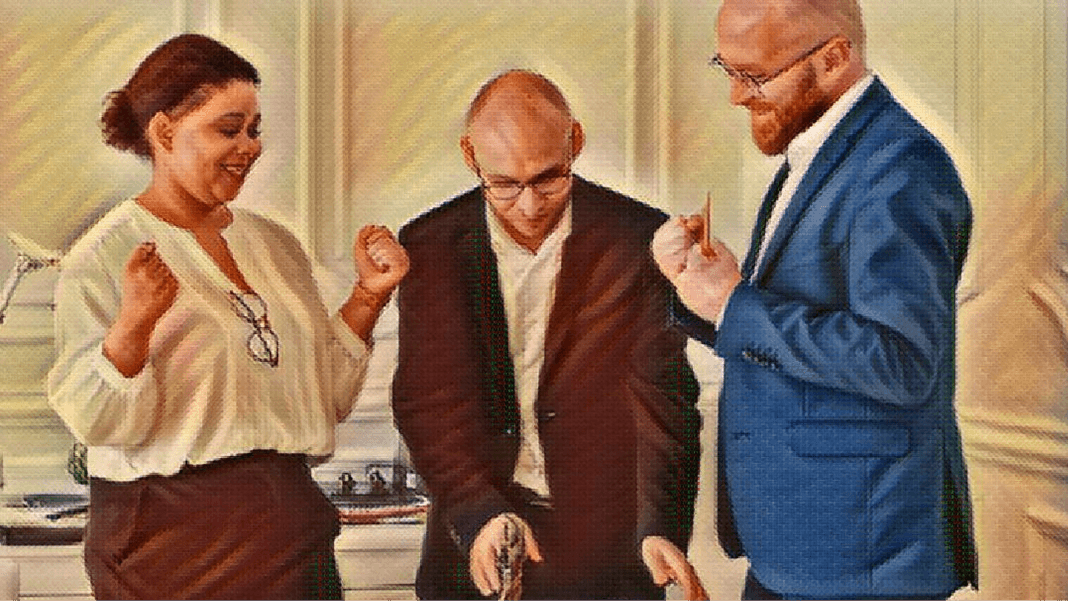 Stylized image of two men and one woman in professional attire having a discussion, symbolizing legal counsel and collaboration.