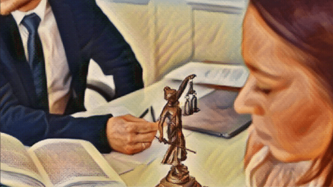 Illustration of a lawyer and a woman at a desk with a Lady Justice statue between them, representing legal counsel.