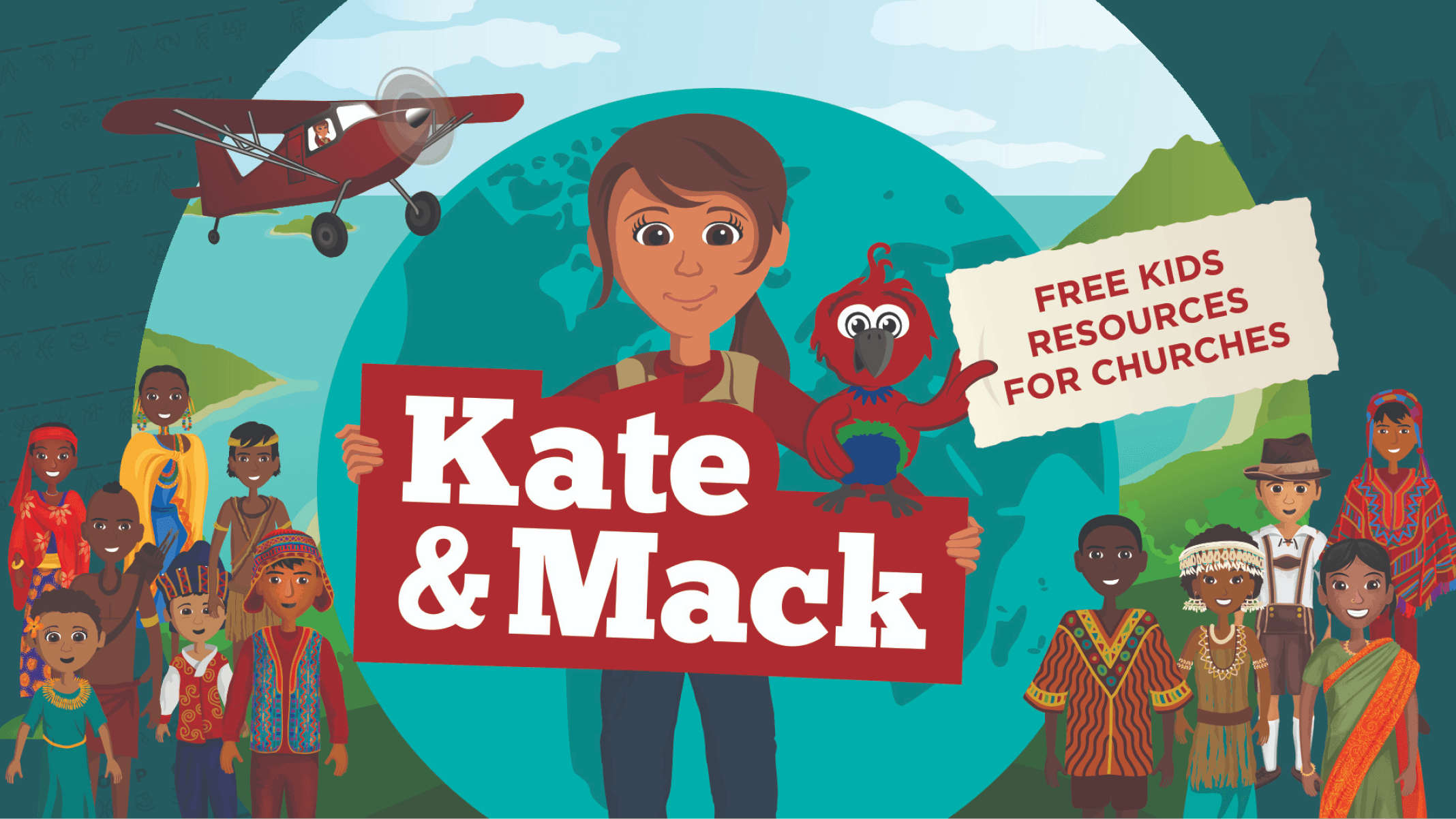 Illustrated image of Kate and Mack with global children, promoting free kids' resources for churches.
