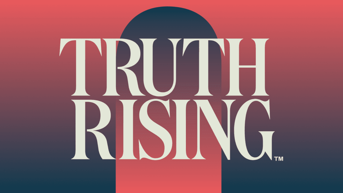 Title graphic for Truth Rising with stylized text on a red-to-blue gradient background.