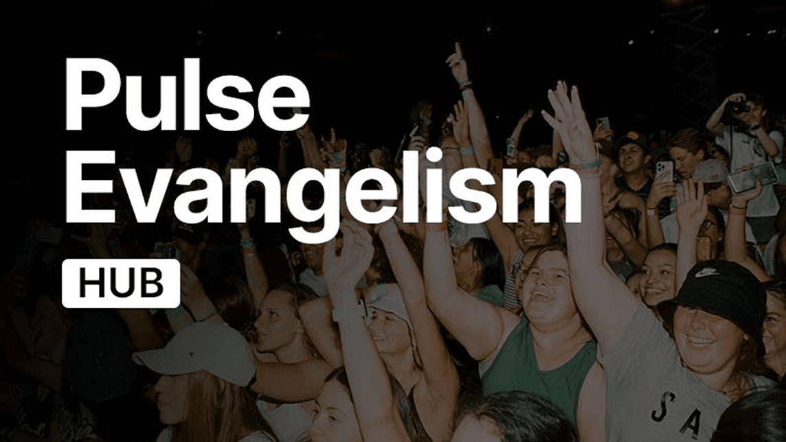 Large crowd of young people with raised hands at an event; overlaid text reads "Pulse Evangelism HUB.