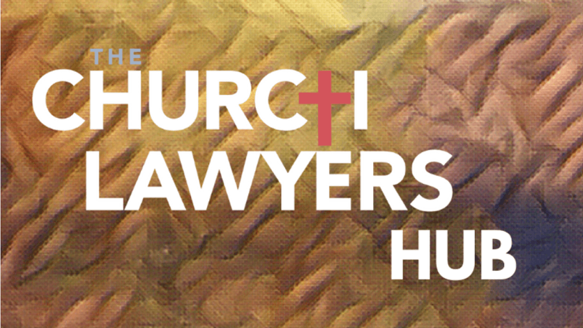 The Church Lawyers Hub logo with the word 'Church' featuring a red cross symbol as the letter T, set against a textured bronze background.