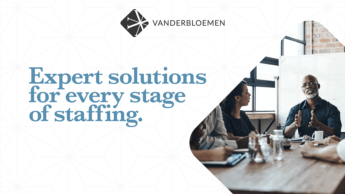 Image of a diverse group of professionals in discussion at a table with text: Expert solutions for every stage of staffing.