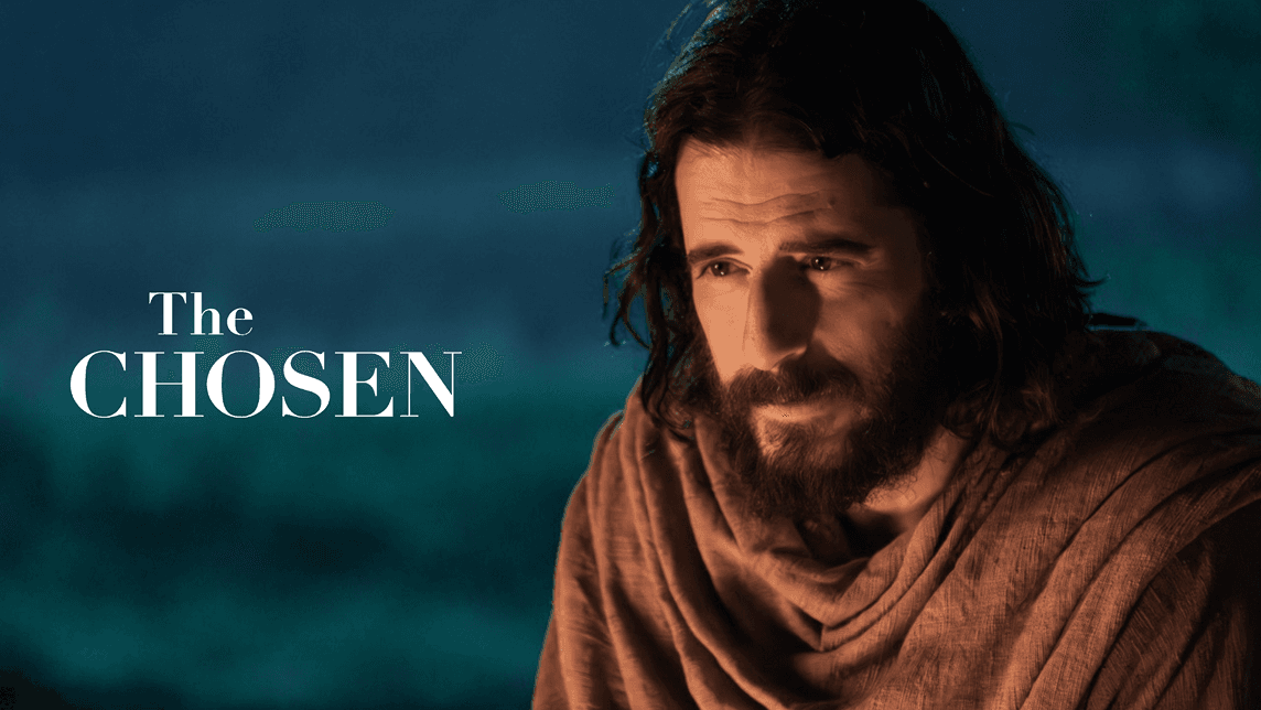 Jesus gazes thoughtfully with text reading ‘The Chosen’ on a dark blue background.