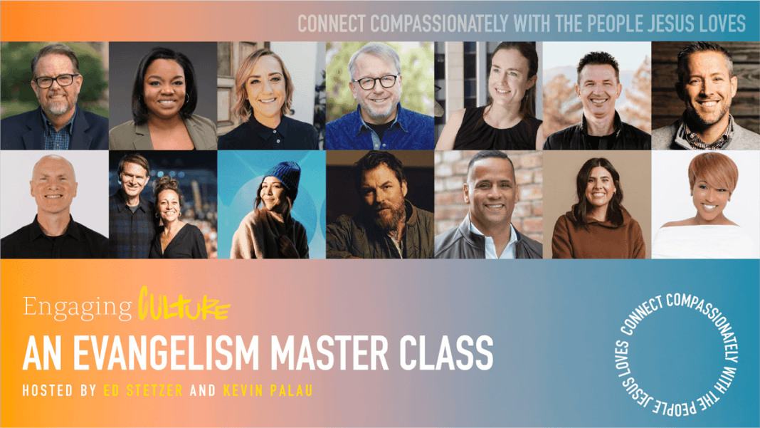 A collage of speaker headshots with title: "Engaging in Evangelism – Master Class."