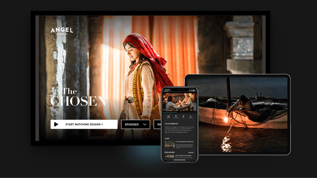 Angel Studios app showing 'The Chosen' series across TV, tablet, and smartphone screens.